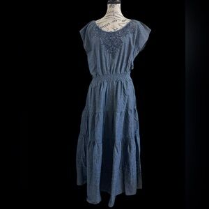 Reba XL Denim Tiered Maxi Dress Crochet Lace Boho Western Peasant Blue